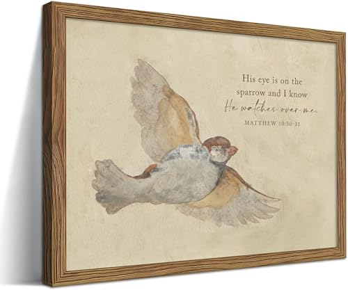 Wood Framed Matthew 10:30-31 Wall Art - His Eye Is on the Sparrow Scripture Print, Christian Watercolor Bird Wall Decor, Spiritual Gift for Believers, 16L x 12W - color: Matthew 10:30-31, size: 16"L x 12"W