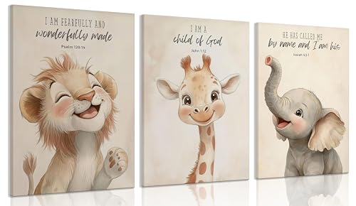 3Pcs Bible Verses Christian Nursery Safari Animals Canvas Wall Art Child of God Cute Animals Picture Wall Decor Lion Giraffe Elephant Poster Print Artwork for Kids Boys Girls Room Home Decoration - color: Canvas, size: 24L" x 16W"