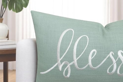 EURASIA DECOR Blessed Embroidered Lumbar Pillow Cover 12x20, Light Teal - color: Light Teal