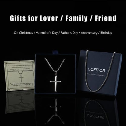 LOFITOR Mens Sterling Silver Cross Necklace for Women S925 Crucifix Pendant - size: 16 inches, style: Beveled Edge Cross Necklace