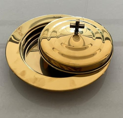 Polished Gold Communion Bread Tray Plate with Cover, Communion plate with lid Church supplies Ware Sets