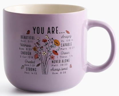 Christian Gifts – Bible Verse Ceramic Coffee Mug 14oz, Wildflower Faith Mug, Dishwasher & Microwave Safe, Inspirational Gift for Friends & Women - color: Lilac and Cream