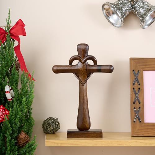 DAICAT - Hand-carved Wooden Cross Wall Decor, 10 Inch Tall Larger Cross for Home Decor, Cross Decor for Wall, Hand made Wood Crosses Wall and Table, Wedding Gifts for Couple (No 5)