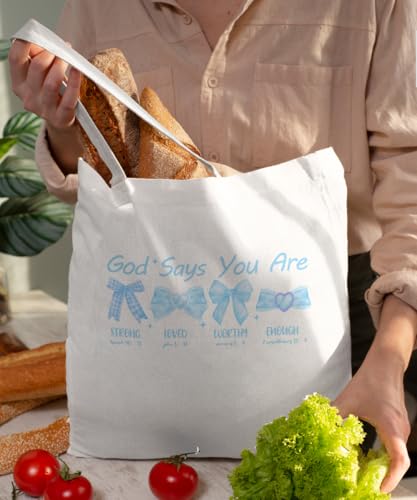 Coquette Bow Bible Canvas Tote Bag for Women Teens Teen Girls, Pink Bow Girls Tote Bag, Coquette Gifts - color: Blue Christian Bow