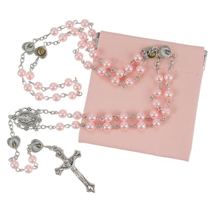 Rosary Beads Catholic, Rosary Necklace with Leather Pouch with Magnetic Top Bag for Men and Women Christian Gifts - color: Pink