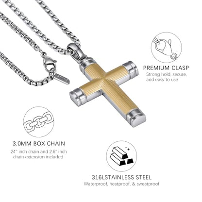 Stainless Steel Cross Necklace for Men with Adjustable Box Chain Christian Cross neckalce Gift - color: Gold