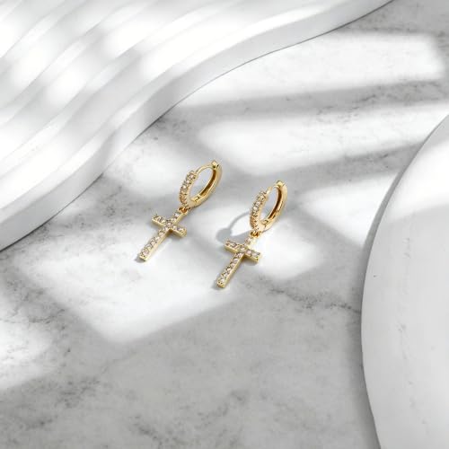NEWITIN CZ Cross Earrings for Men Women 14K Gold Plated Huggie Hoop Earring - color: Gold B