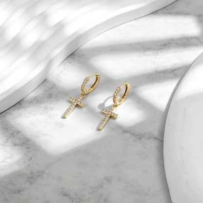 NEWITIN CZ Cross Earrings for Men Women 14K Gold Plated Huggie Hoop Earring - color: Gold B