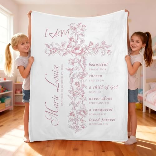 Personalized Baptism Blanket for Girl, Custom Pink Cross Baby Blanket, Christian Christening Gift, Catholic Scripture Throw Blankets, Floral Baptized in Christ Blankets, Goddaughter Keepsake - color: #Ver5
