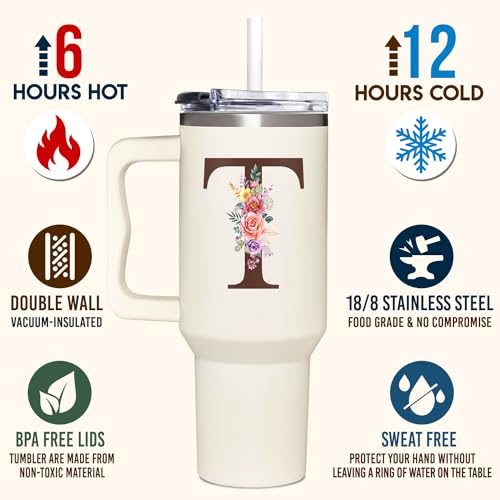 Personalized Gifts for Women, Customized Mother's Day, Birthday, Xmas Gift For Grandma, Mom, Wife, Friends, Sisters, Coworkers, Monogrammed Tumbler 40oz with Lid and Straw - color: T
