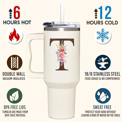 Personalized Gifts for Women, Customized Mother's Day, Birthday, Xmas Gift For Grandma, Mom, Wife, Friends, Sisters, Coworkers, Monogrammed Tumbler 40oz with Lid and Straw - color: T
