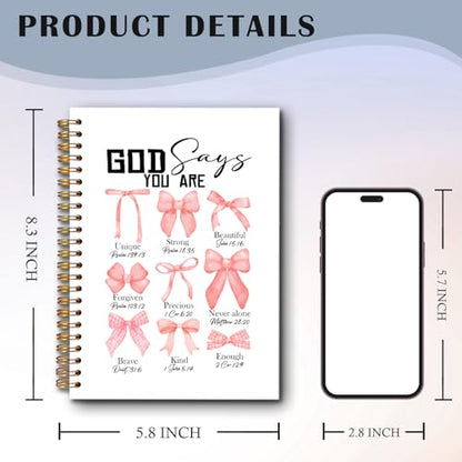 God Says You Are Christian Spiral Notebooks, Coquette Pink Bow Bible Journal, Scripture Journals for Writing, Girly Office Supplies, Religious Notebook for Note Taking, 5.5x8.3 Inch - color: white Bible Notebook-14