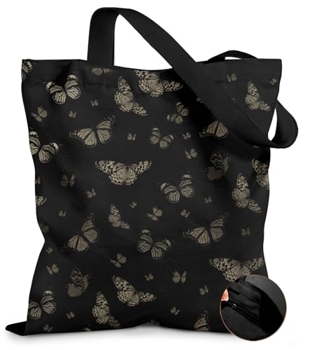 Miss Adola Canvas Tote Bag for Women with Zipper, Black Butterfly - color: Black Butterfly