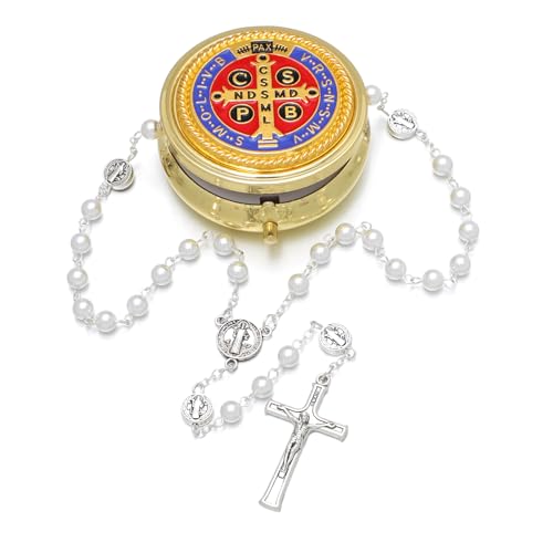 KOMI 6mm Glass Pearl Rosary Beads Catholic for Women with Metal Rosary Box Religious Gifts - style: St Benedict-white