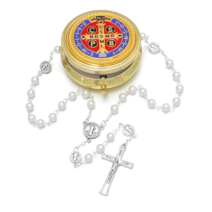 KOMI 6mm Glass Pearl Rosary Beads Catholic for Women with Metal Rosary Box Religious Gifts - style: St Benedict-white