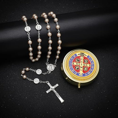 KOMI 6mm Glass Pearl Rosary Beads Catholic for Women with Metal Rosary Box Religious Gifts - style: St Benedict-pink
