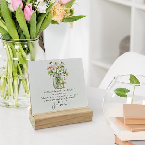 Christian Desk Decor, Jeremiah 29 11 Bible Verse Floral Wood Desk Sign, Inspirational Office Shelf Decor, Religious Christian Wooden Plaque with Wood Stand - color: color-3