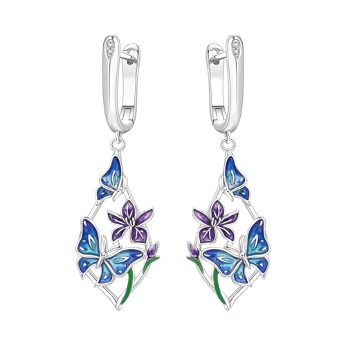 925 Sterling Silver Drop & Dangle Earrings for Women,Butterfly Dragonfly and Bee|Flower and leaf Earrings, Suitable for Sensitive Ears Fashion Jewelry Gift- Hypoallergenic Earrings - color: Butterfly Love Flower Earrings