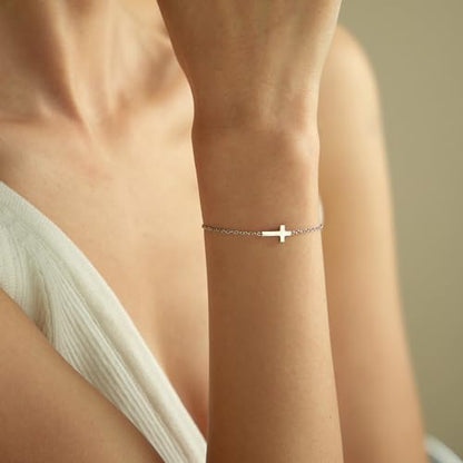 18K Gold Plated Pearl Beaded Cross Bracelets for Women Adjustable - color: Tiny Cross-White Gold