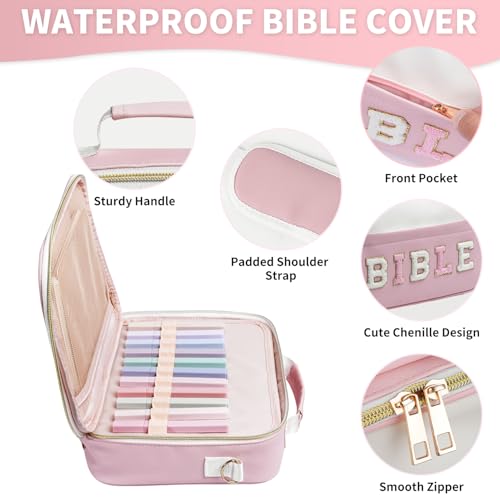KOPKOFT Bible Cover Case for Women, Large Chenille Letter Leather Bible Case with Bible Study Accessories, Bible Study Supplies Bible Journaling Kit, Christmas Christian Gift for Women Girls (Pink) - color: Pink