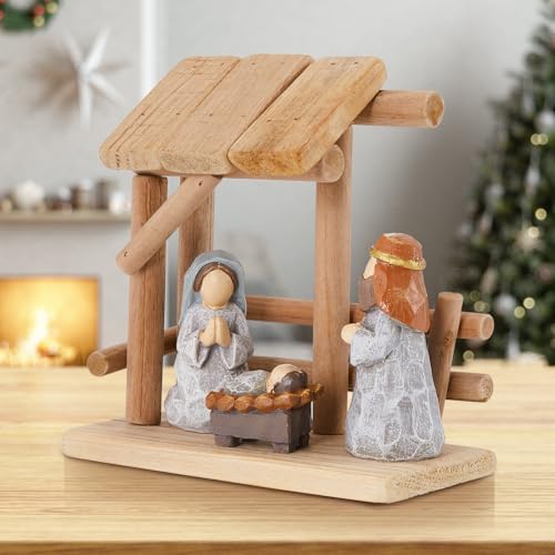 Christian Nativity Scene Decoration with Gift Box, Hand-Painted Resin Figurines with Wooden Stable, 6.7 Inches Tall, Perfect for Christmas Tabletop, Holiday Dining Table & Fireplace Decor