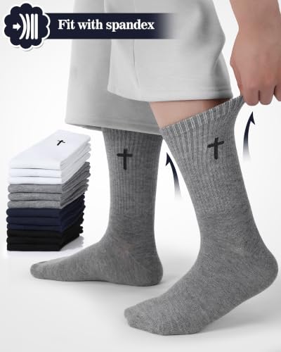 Shihanee 12 Pairs Cross Crew Socks for Men Christian Gifts - color: Black, White, Dark Grey, Navy Blue