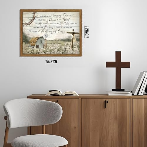 Cross Christian Wall Art Barn Windmill Country Pictures Framed 12x16 Inch - color: Hymn-wood, size: 16"L x 12"W
