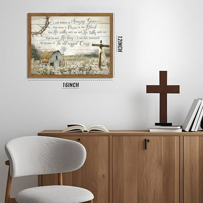 Cross Christian Wall Art Barn Windmill Country Pictures Framed 12x16 Inch - color: Hymn-wood, size: 16"L x 12"W