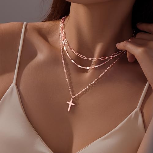 Poxtex Layered Gold Necklaces for Women, Stackable Dainty 14K Gold Silver Plated Trendy Simple Heart Diamond Cross Bow Circle Pendant Paperclip Choker Dot Chain Necklace,Jewelry Set Gifts for Women - color: Rose Gold, style: Cross1