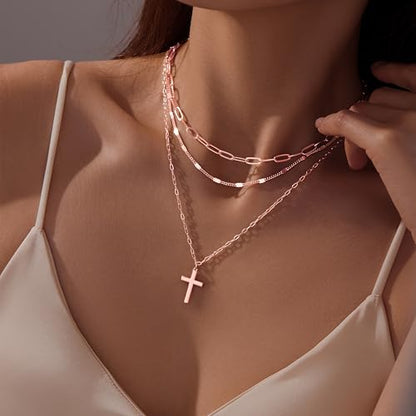 Poxtex Layered Gold Necklaces for Women, Stackable Dainty 14K Gold Silver Plated Trendy Simple Heart Diamond Cross Bow Circle Pendant Paperclip Choker Dot Chain Necklace,Jewelry Set Gifts for Women - color: Rose Gold, style: Cross1
