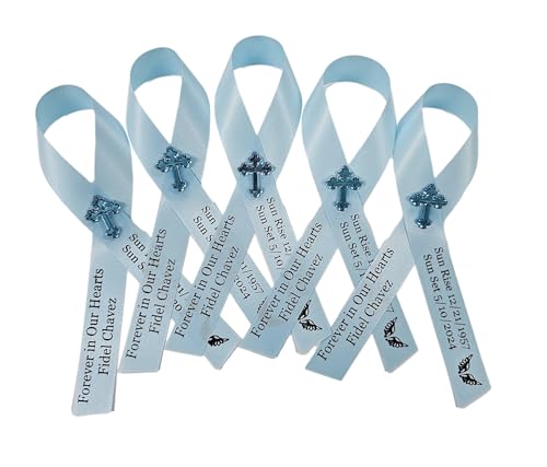 Personalized Memorial Service Funeral Ribbon Pins 20 Cross Religious Celebration of Life Custom Made Awareness Remembrance Anniversary Death Cross Sympathy Name Angel - color: Pastel Blue