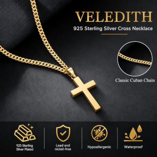 925 Sterling Silver Cross Necklaces for Mens Women CZ Beveled Edge - color: Beveled edge gold cross