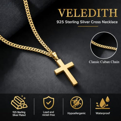 925 Sterling Silver Cross Necklaces for Mens Women CZ Beveled Edge - color: Beveled edge gold cross