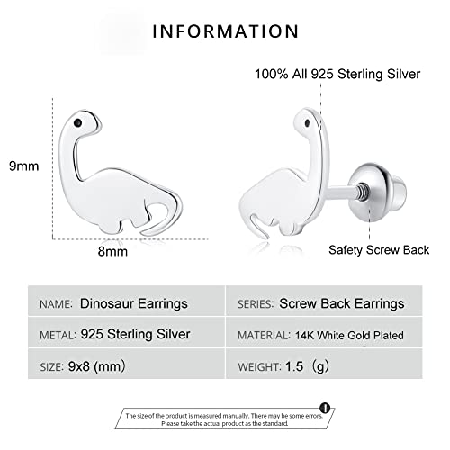 Butterfly Ladybug Unicorn Sloth Flamingo Dog Cat Turtle Angel Koala Daisy Panda Stud Earrings for Girls Women - Sterling Silver Hypoallergenic Animal Earrings with Secure Screw Backs - color: Dinosaur