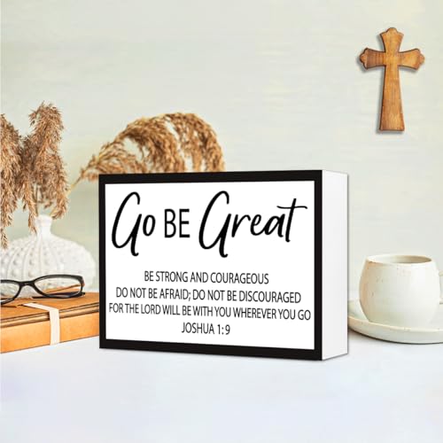 Joshua 1:9 Christian Wood Box Sign Desk Deocr,Go be Great Bible Verse Wooden Block Sign for Scripture Home Office Bedroom Wall Shelf Tabletop Decor - style: Joshua 1:9
