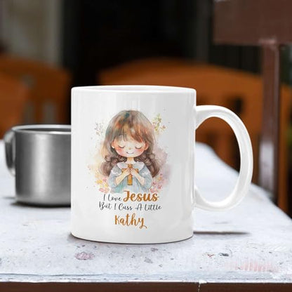 I Love Jesus Mug With Customized Name, Christian Faith Accent Cup 11oz 15oz, Custom Coffee Mug For Christian, Cute Girl Holding Cross Design Cup, Personalized Christian Themed Ceramic Mug - color: XUA-324-1552-I LOVE JESUS MUG
