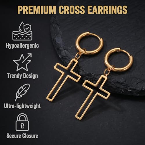 Gold Cross Earrings for Men - Stainless Steel Gold Plated | Hypoallergenic Dangle Cross Earrings Jewelry | Daily Wear & Birthday Gifts - color: Gold