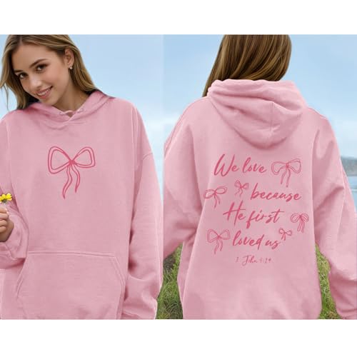 Christian Bow Hoodies for Women Cute Bow Print Sweatshirt Bible Verse Graphic Hoodie Religious Pullover Sweatshirts - color: Pink, size: X-Large