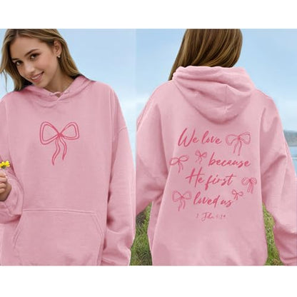 Christian Bow Hoodies for Women Cute Bow Print Sweatshirt Bible Verse Graphic Hoodie Religious Pullover Sweatshirts - color: Pink, size: Large
