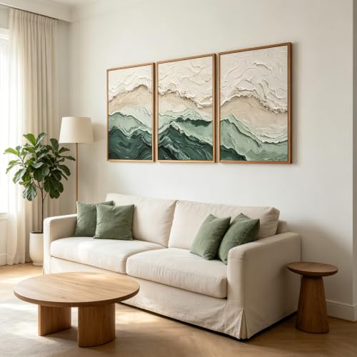 Aurlan 3D Textured Green Abstrcat Ocean Framed Canvas Wall Art 24x36 Inch - color: Green Beige (3D Textured), size: 24"L x 36"W