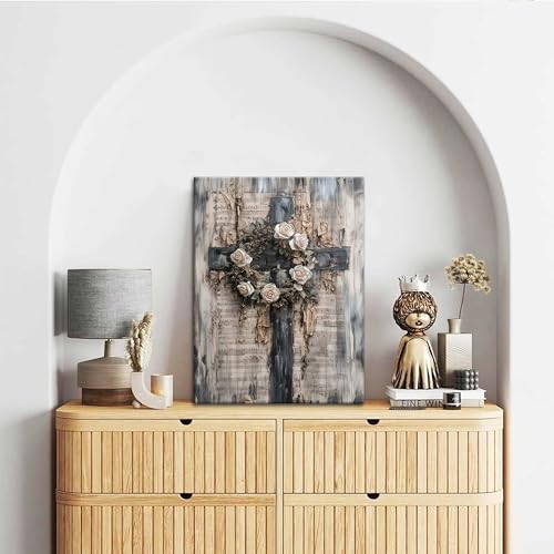 Vintage Cross Christian Wall Art, White Rose Wreath Canvas Paintings Prints Posters Wall Decor, Retro Religious Music Score Church Decor Suitable for Study Prayer Room 24x36 in Framed - color: Cross of Roses, size: 36"L x 24"W