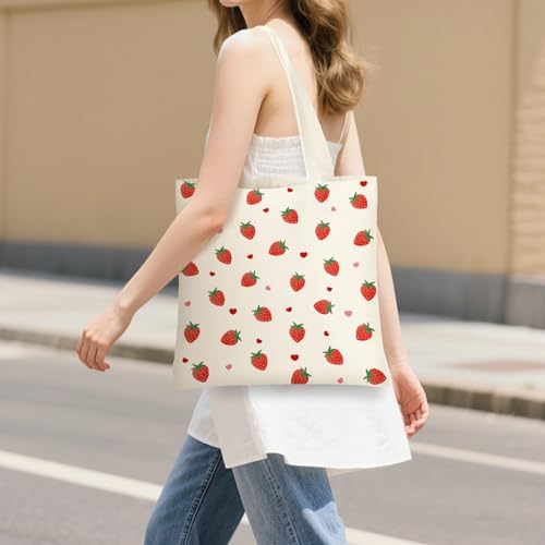 Canvas Tote Bag for Women with Zipper Cute - color: Strawberry