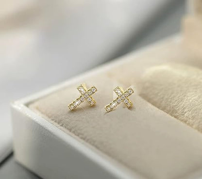 14K Gold Plated Small Cross Stud, Hypoallergenic Pave CZ Tiny Earrings for women