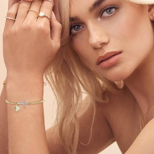 HZMAN 14K Gold Plated Cross Bracelet for Women, Brass Adjustable Bolo Bracelet with CZ, Religious Saint Benedict/Virgin Mary/Jude Pendant Jewelry Gift - color: Saint Jude