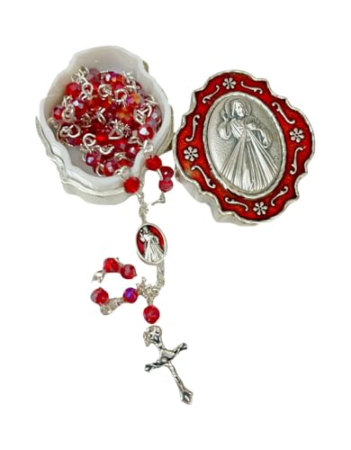 Catholic Silver Linked Rosary Set – 3mm Beads, 14.25" Length, Metal Keepsake Gift Box with Enamel Inlay – Perfect First Communion Gift (Divine Mercy) - color: Divine Mercy