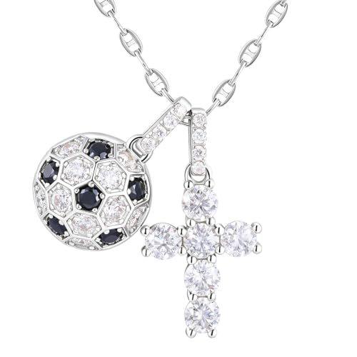 Moissanite Double Cross Necklace, Women Moissanite Diamond Cross Pendant - color: S925 Sliver Cross+Football