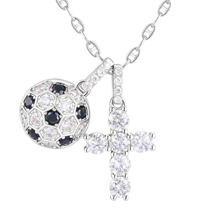 Moissanite Double Cross Necklace, Women Moissanite Diamond Cross Pendant - color: S925 Sliver Cross+Football