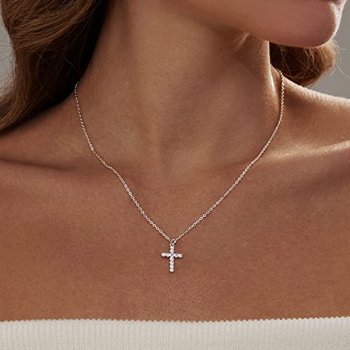 Zeffy Cross Necklace for Women,18K Gold/Silver Plated Tiny Cubic Zirconia Cross Pendant Necklace for Women Simple Layered Cross Necklaces for Women - color: Silver