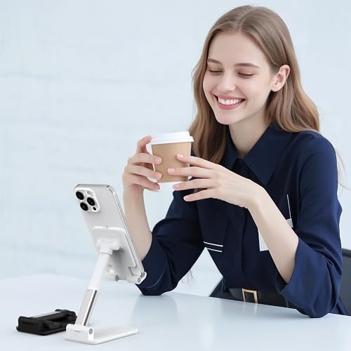 2 Pack Cell Phone Stand for Desk, Adjustable Angle & Height, Foldable Portable Phone Holder with Anti-Slip Silicone Pad, Compatible with iPhone 18/17/16/Smartphones 4–8 Inch, Black&White - color: (2 PCs) Black&White