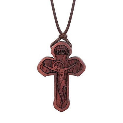 COTTVOTT Wood Orthodox Cross Pendant Necklace Christian Crucifix Necklace Prayer Jesus for Women Men - style: A-Red Color